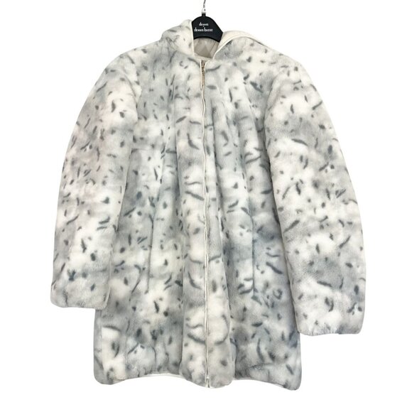 Dennis Basso Reversible White & Gray Puffer Jacket Faux Fur Animal Print SMALL - Picture 4 of 8
